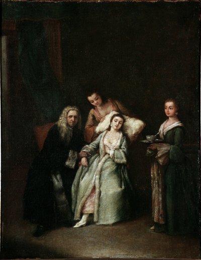 The sick woman Visit of the doctor taking the pulse of the sick Painting by Pietro Longhi (1702-1785) 1741 Dim 52x41 cm Venice, Ca