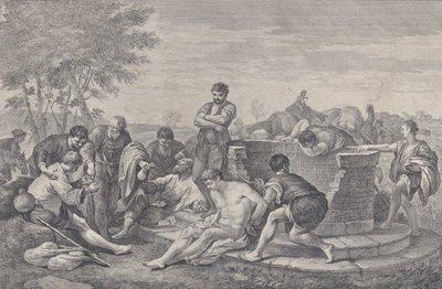 约瑟夫被他的兄弟们卖为奴隶，他们围坐在井边，划分出C...，1730-39。 作者 彼得罗摩纳哥