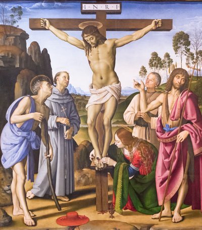 与圣人和受祝福的乔瓦尼·哥伦比尼一起受难 作者 Pietro Perugino