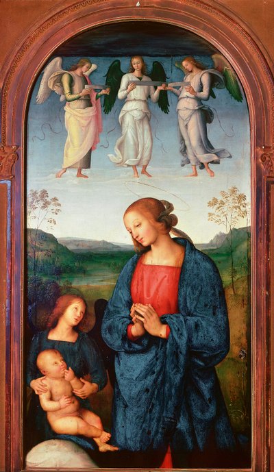 帕维亚的Chartreuse的Polyptic。"圣母带着孩子和三个天使" 佩鲁吉诺（Pietro Vannucci dit il Perugino）的绘画。 作者 彼得罗·佩鲁吉诺（Pietro Perugino）