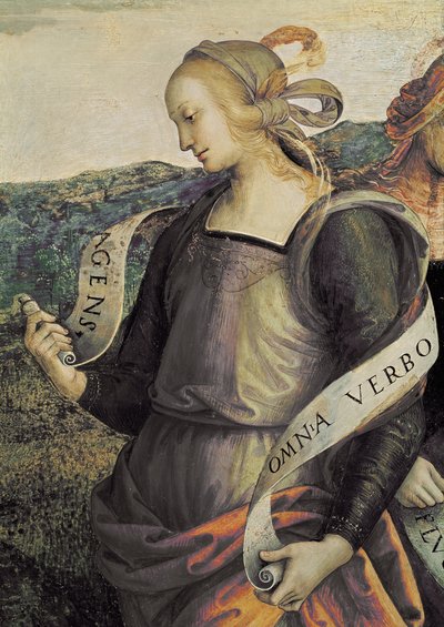 厄立特里亚女巫。 永恒之父的细节围绕着先知和女巫（壁画 作者 彼得罗·佩鲁吉诺（Pietro Perugino）