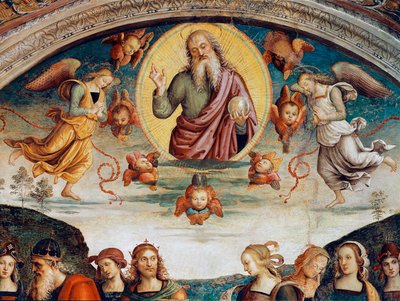 The Lord surrounds with prophecies and sibyls Detail representing the Lord Almighty. Fresco by Pietro Vannucci dit il Perugino (Perugin) (1448-1523) 1500 Dim. 229x370 cm Perugia, Collegio del Cambio 作者 彼得罗·佩鲁吉诺（Pietro Perugino）