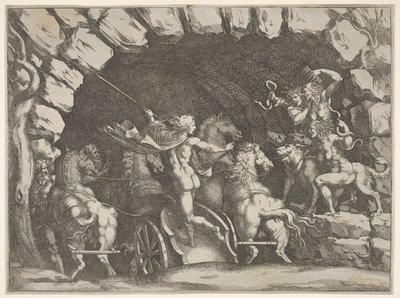 从后面看，冥王星坐着他的脚椅Cereberus和三个Fu ...，进入地下世界。 1680。 作者 Pietro Santi Bartoli