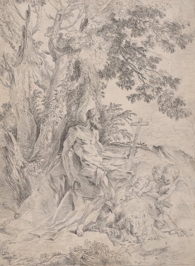 圣杰罗姆在十字架前，旁边有一只狮子和三个普蒂，约1631-37。 作者 彼得·泰斯塔