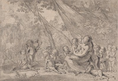 慈善的花园，右边的女人代表慈善，周围有孩子，......，约1631-37。 作者 彼得·泰斯塔