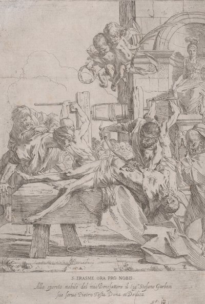 圣-伊拉斯谟的殉道，他匍匐在地，内脏被取出，两个小人在...，约1630年。 作者 彼得·泰斯塔