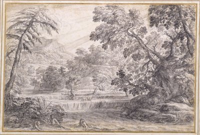 树木繁茂的河流风景，约 1650 年（纸面黑色粉笔、毛笔和灰色墨水加灰色水渍） 作者 Pietro da Cortona