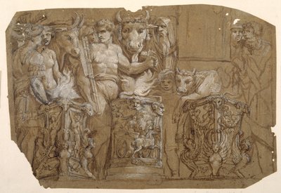 在 Polidoro da Caravaggio（约 1499-1543 年）之后的古董牺牲和珀尔修斯与仙女座的婚姻（钢笔和棕色墨水，棕色水洗，白色体色在纸上用黑色粉笔在纸上洗成棕色） 作者 Pietro da Cortona