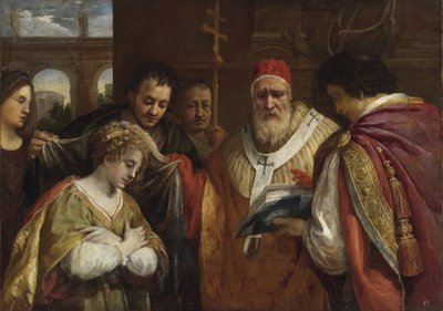 Flavia Domitilla (morte apres 95) recevant le voile du pape Clement I - Saint Domitilla 接受教皇克莱门特一世的面纱，Pietro da (1596-1669)。 布面油画，尺寸：123x172,7，，私人收藏 作者 Pietro da Cortona