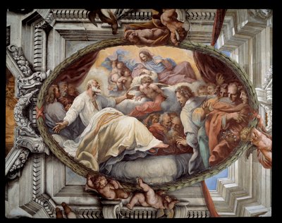 在 Pietro da Cortona（科尔托纳的彼得）（1596-1669）1652 年罗马，sala rossa（红色房间）意大利瓦利切拉的圣玛丽亚教堂的圣母壁画显现后恢复圣菲利普 作者 Pietro da Cortona