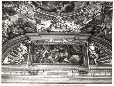 “Sala di Apollo”（阿波罗大厅）天花板装饰细节描绘亚历山大阅读荷马（壁画）（黑白照片） 作者 Pietro da Cortona