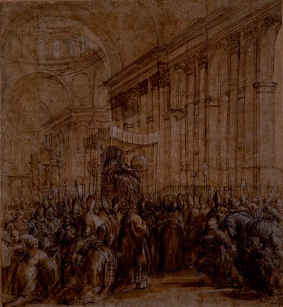 Urban VIII 沿着圣彼得教堂的中殿（纸上体色钢笔和棕色墨水） 作者 Pietro da Cortona