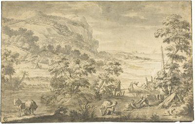 意大利式海岸风光，渔民、营地（正面）；河口（背面） 作者 Pietro da Cortona