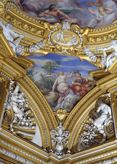 撒玛迪阿波罗阿波罗大厅详细描述了缪斯卡利奥佩和Melpomene，c.1647壁画 作者 Pietro da Cortona