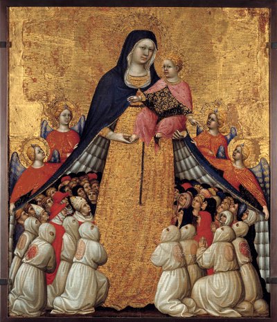 Misericorde 圣母：由 Pietro da Recanati 创作的祭坛画，被称为 Pietro di Domenico da Montepulciano（活跃于 1418 年，死于 1427 年至 1432 年）昏暗。 0.54 x 0.43 米。 阿维尼翁，小皇宫博物馆 - 慈悲圣母。 彼得罗·达·雷卡纳蒂 (Pietro da Recanati) 的祭坛画 作者 彼得·多梅尼科·达·蒙特普尔恰诺