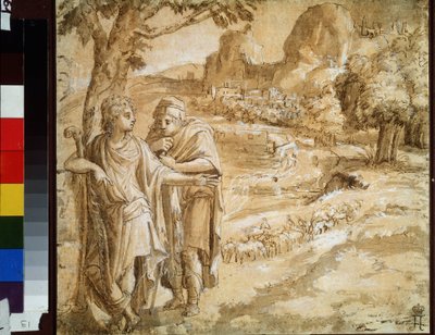 "风景中的牧羊人和朝圣者 水彩和水墨画，皮罗-利戈里奥（1510-1583 年），约 1550 年 莫斯科普希金博物馆 作者 皮尔罗·利戈里奥（Pirro Ligorio）