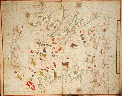 爱琴海，来自波托兰地图集，由普拉西多·卡洛罗 (Placido Caloiro) 和弗朗西斯科·奥利瓦 (Francesco Oliva) 绘制，羊皮纸，由六张图表组成。 1646. 作者 Placido Caloiro e Oliva
