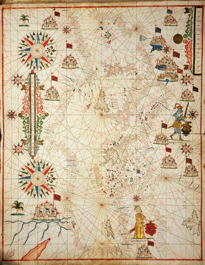 地中海，来自包含六张图表的波托兰地图集，普拉西多·卡洛罗 (Placido Caloiro) 和弗朗西斯科·奥利瓦 (Francesco Oliva) 绘制，羊皮纸。 1646. 作者 Placido Caloiro e Oliva