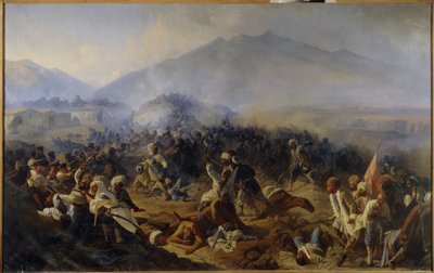 1848 年阿赫蒂围城战。在北高加索山区，俄罗斯军队与伊玛目查米尔（沙米尔）（1797-1871 年）的军队之间的战斗场景，后者出于独立和宗教原因带领他的战士们（圣战）。 绘 作者 波利多尔·伊万诺维奇·巴巴耶夫