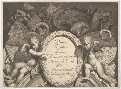 Divers Trophées Weapon Trophies》的扉页，画的是罗马Milesi宫的外墙，1651年 作者 雷内·洛雄