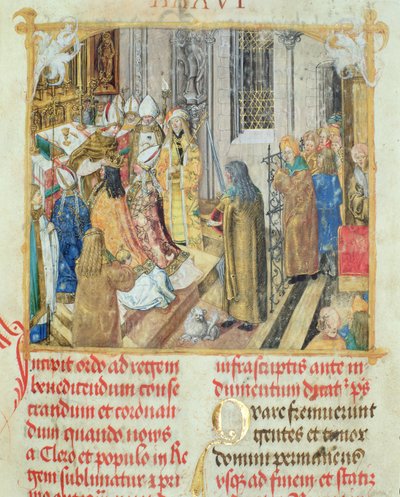 从主教Erasmus Ciolek的罗马教皇加冕波兰国王，第1510页（羊皮纸上的蛋彩画和黄金） 作者 波兰学校