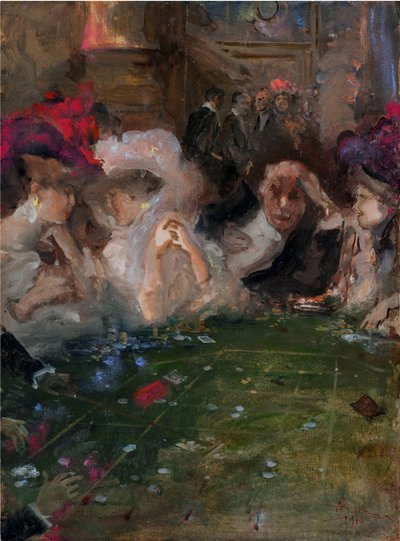 蓬佩奥 (Mariani, Pompeo)（1857-1927 年）的职业轮盘赌赌徒。 纸板油画，尺寸：36x26 作者 蓬佩奥·马里亚尼