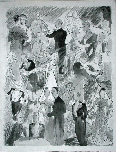 我们在伦敦跳舞（纸上钢笔、墨水和单色水彩）。 作者 蓬