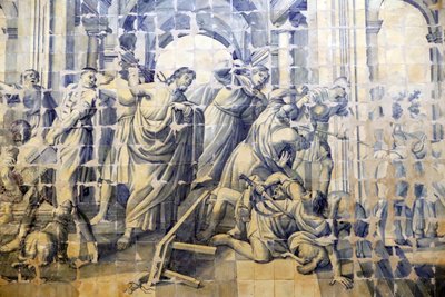 慈悲教堂。Azulejos.洁净圣殿的叙述。耶稣。埃沃拉。葡萄牙。 作者 葡萄牙语学校