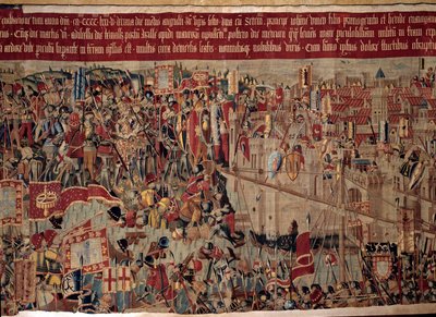 征服非洲：“《葡萄牙舰队于 1471 年在摩洛哥捕获艾西拉（Arzila）》”《16 世纪葡萄牙学派挂毯的片段》。 里斯本，国家古代艺术博物馆 作者 葡萄牙语学校