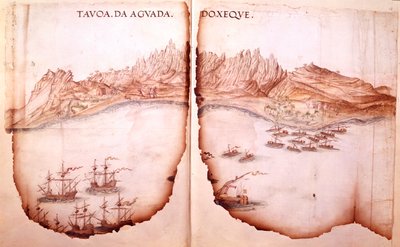Cotton Tiberius D. IX, ff.11v-12 Aguada 景观，插图选自 Estevao de Gama 的《果阿到红海的航行路线 作者 葡萄牙语学校