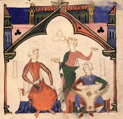 Fol.4r音乐家在Chansonnier des Nobles演奏响板和一首诗歌 作者 葡萄牙语学校