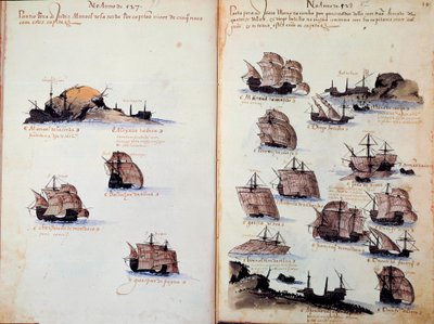 手稿页““曼努埃尔一世国王（1469-1521 年）领导下的葡萄牙舰队的纪念碑”，代表葡萄牙舰队。 1523 B.N. 巴黎 作者 葡萄牙语学校