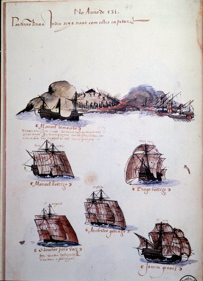 Manuscript page “” Memories of the armadas of Portugal under King Manuel I (1469-1521)” representing the Portuguese fleets of the year 1497. 1500 Lisbon, National Museum of Ancient Art 作者 葡萄牙语学校