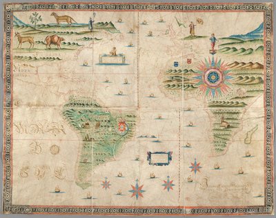 西欧、非洲和美洲地图，附有山脉、动物等图画。约瑟夫-达科斯塔-米兰达 作者 葡萄牙语学校