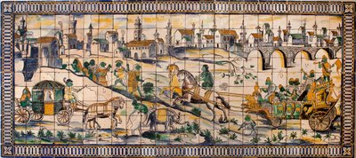 Singerie, the marriage of the hens - Tile panel, circa 1665, from the old farm of Cadriceira, in Turcifal, Torres Vedras (Portugal) (The Chicken