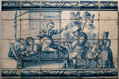 The doctor doing an enema to a patient - Satirical panel of Lisbon, first half 18th century (Physician - Satirical panel, first half 18th century) - Musee national des azulejos, Lisbon (Portugal) 作者 葡萄牙语学校