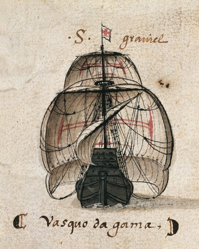 Vasco da Gama 的 Caravel，来自“Memorias das Armadas...”的插图，c.1568（纸本水彩） 作者 葡萄牙语学校