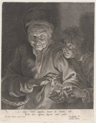 老妇人和一个男孩与蜡烛，约1620-30.，约1620-30. 作者 可能是保卢斯·庞蒂乌斯 (Paulus Pontius) 所著。
