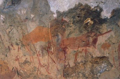 Human and animal figures, bushmen or san cave paintings, Maloti-Drakensberg Park (Unesco World Heritage List, 2000), Lesotho 作者 史前史前