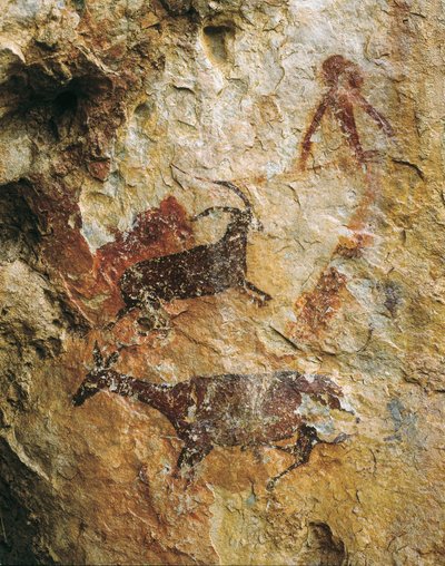 鹿和野山羊的狩猎场景（公元前 25000-15000 年）。 旧石器时代晚期。 El Perello，La Cabra Freixet 洞穴。 作者 史前史前