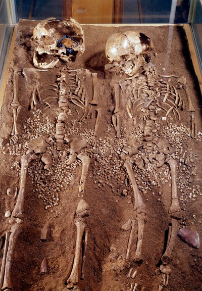 史前。两个孩子的骸骨。公元前30000-25000年。出自格里马尔迪洞窟。圣日耳曼-恩拉耶，国家考古博物馆 作者 史前史前