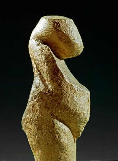 史前史：来自科斯坚基（沃罗涅日州）遗址的 Gravettian 妇女雕像。 30000-25000 BC 旧石器时代晚期，石器时代。 圣彼得堡，彼得大帝人类学和民族志博物馆，俄罗斯 作者 史前史前