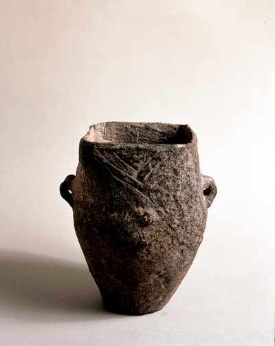 史前：坎迪德（Liguria）Caverna Delle Arene出土的新石器时代的方形开口陶罐。佩格利，帕拉维契尼别墅博物馆 作者 史前史前