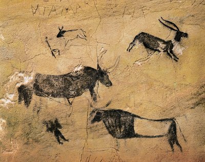 岩画：鹿科动物和奶牛。 来自西班牙，El Cogul，Cave dels Moros。 史前史，中石器时代（壁画） 作者 史前史前