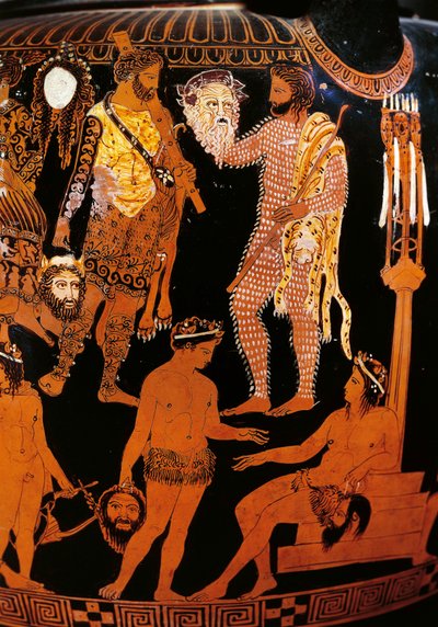 Pronomos 花瓶，带有红色人物的火山口。 详细描绘赫拉克勒斯 (Heracles)，在狄俄尼索斯和阿丽亚娜在场的情况下准备一部讽刺剧，人物拿着剧院面具。 公元前 400 年。 那不勒斯，国家考古博物馆 作者 普罗莫诺斯画家