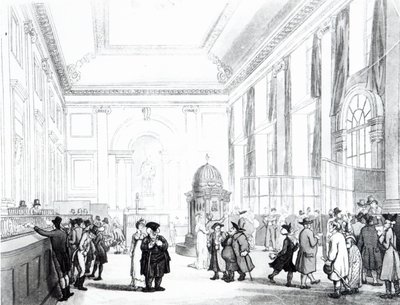 英国银行大厅，来自阿克曼的“伦敦微观世界”，1809年（aquatint） 作者 普金和罗兰森