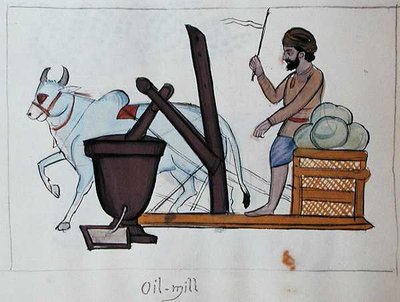 油磨坊，约1890年（纸上水彩）。 作者 旁遮普学校