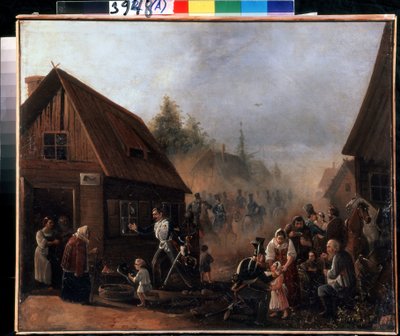 1812 年俄法战争场景。Pyotr Ilyich Baykov（1817-？）布面油画，45.3 x 55.5 厘米 作者 彼得·贝可夫（Pyotr Baykov）