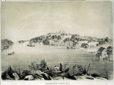 拉戈达湖瓦拉姆岛上的瓦拉姆修道院（或瓦拉莫）（俄罗斯）（The Valaam Monastery on Valaam Island in Lake Lagoda）。 彼得·费奥多罗维奇·博雷尔（Pyotr Fyodorovich Borel，1829-1898）绘制的绘画。 石版画，53.3 x 70.5 厘米 作者 Pyotr Fyodorovich Borel