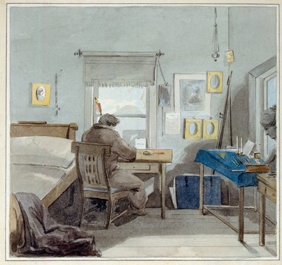 工作中。在帕维尔-纳什乔金（1801-？）的家中（莫斯科）。(工作中。在帕维尔-纳什乔金家中）。Pyotr (Piotr) Fyodorovich Sokolov（皮埃尔-索科洛夫）（1791-1848 年）的作品，纸上水彩画 作者 彼得·费奥多罗维奇·索科洛夫